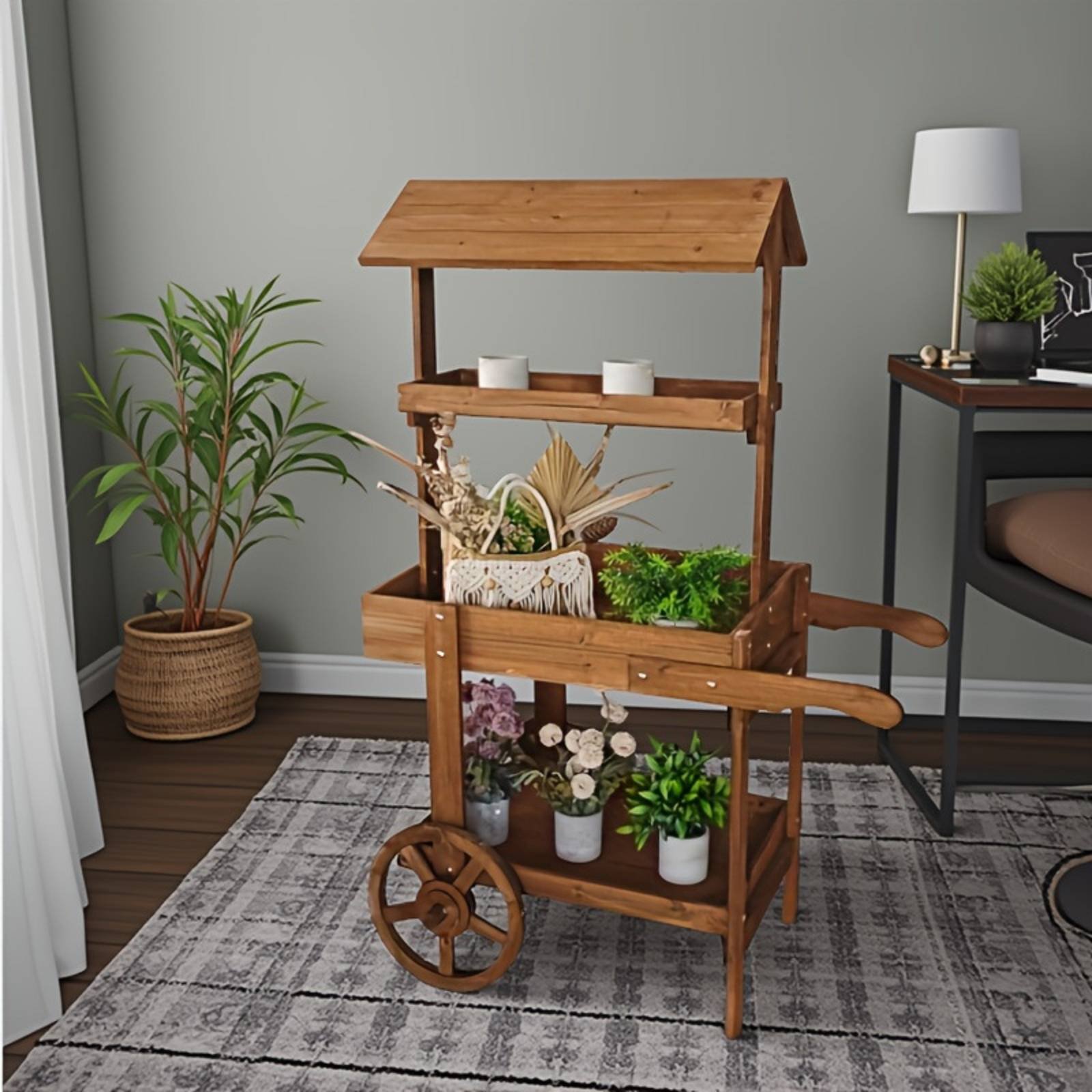 Home Decor Flowers - Ahşap Çiçek Arabası Dekoratif Tekerlekli Çiçek