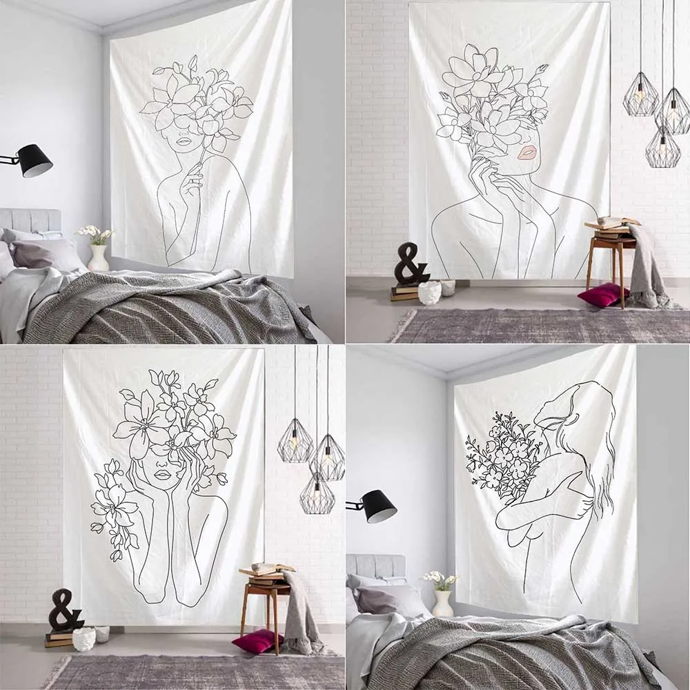Home Decor Yoga - Basit çizgi kız goblen sanat beyaz
